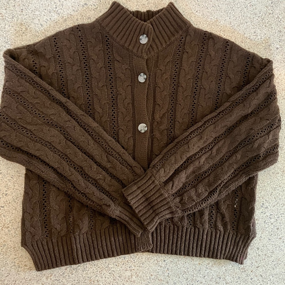 Able Ruth Cable Knit Cropped Cardigan, Brown, Size Medium - Picture 3 of 7